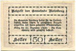 Банкнота 50 геллеров 1920 года Австрия  Райнсберг (нотгельд)