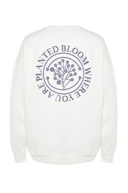 Ekru Oversize/Genis Kesim Cicek Nak?sl? Ici Polar/S?cak Tutan Sweatshirt TMNAW24SW00012