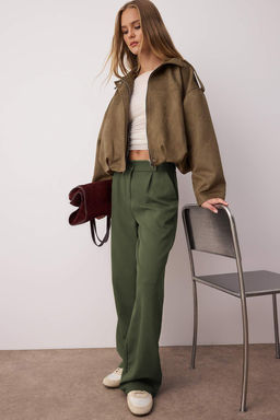 Ac?k Haki Yuksek Bel Wide Leg/Genis Paca Pilili Dokuma Kumas Pantolon TWOAW21PL0076