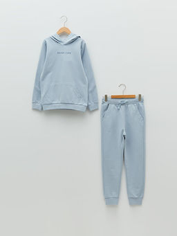 Kap??onlu Bask?l? Uzun Kollu Erkek ?ocuk Sweatshirt ve E?ofman Alt?