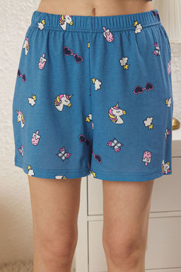 Trendyolmilla Mavi %100 Pamuklu Eglence Desenli Sortlu Orme Pijama Tak?m? THMSS25PT00253  фото 4