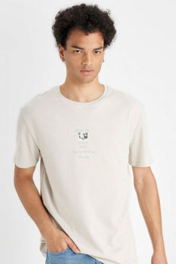 Regular Fit Bisiklet Yaka Bask?l? Pamuklu K?sa Kollu Tisort