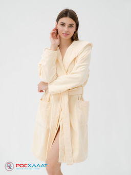 Махровый женский укороченный халат с капюшоном Кремовый МЗ-01 (131)