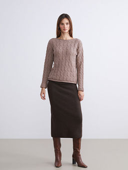 Kay?k Yaka Kendinden Desenli Kad?n Triko Kazak