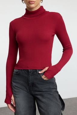 Bordo Fitted/Vucuda Oturan Bal?kc? Yaka Parmak Detayl? Fitilli Esnek Orme Bluz TWOAW21BZ0071