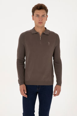 Erkek Slim Fit YarДm FermuarlД Polo Yaka Vizon Kazak