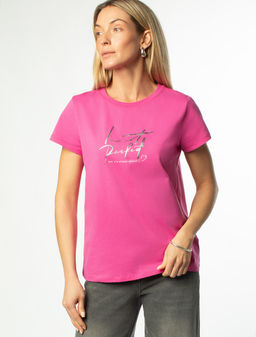 Футболка Vilatte с принтом из хлопка розовая фуксия  фото 5