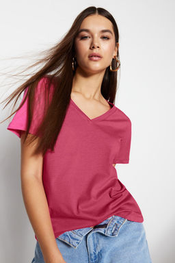 Pembe %100 Pamuk Basic V Yaka Orme T-Shirt TWOSS23TS00001