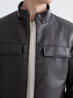 Standart Kal?p Dik Yaka Erkek Deri G?r?n?ml? Ceket