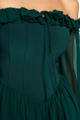 TRENDYOLMILLA Bridal Ekru A-Kesim Astarl? Volanl? Dokuma Sifon K?sa Dugun/Nikah S?k Abiye Elbise TPRSS23EL00096 фото 36