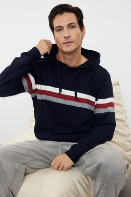 Lacivert Slim Dar Kesim Kapusonlu Cizgili Triko Kazak TMNAW21KZ0517