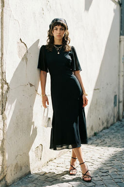 TRENDYOLMILLA Siyah Etegi Volanl? A Kesim Sifon Midi Astarl? Dokuma Elbise TWOSS22EL00733  фото 11