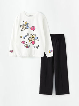 Bisiklet Yaka Bask?l? Uzun Kollu K?z ?ocuk Sweatshirt ve E?ofman Alt?