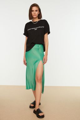 Siyah %100 Pamuk Slogan Bask?l? Relaxed/Genis Rahat Kesim Bisiklet Yaka Orme T-Shirt TWOSS19GH0034