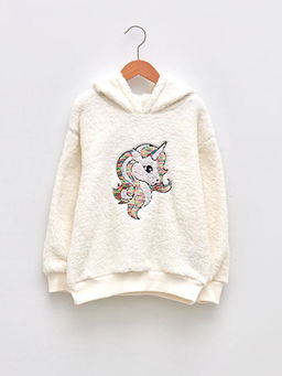 Kap??onlu Pul ??lemeli Uzun Kollu Pel?? K?z ?ocuk Sweatshirt