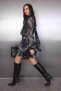 Siyah-Cok Renkli K?sa / Mini Sifon Astarl? Dokuma Elbise TWOAW26EL00273