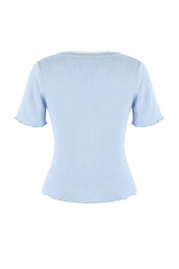 Bebe Mavisi V Yaka Dantel Detayl? Renk Bloklu Fitted Ince Triko Ince Bluz TWOSS26BZ00292 - Trendyolmilla фото 2