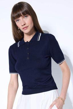 Regular Fit Polo Yaka Dugmeli Basic Duz K?sa Kollu Triko Kazak - Defacto фото 2