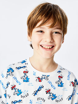 Bisiklet Yaka Sonic Bask?l? Erkek ?ocuk ?ortlu Pijama Tak?m?