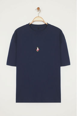 Lacivert Oversize/Genis Kesim Penguen Nak?sl? %100 Pamuklu T-Shirt TMNSS23TS00243