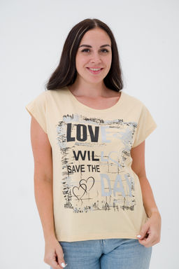 Футболка женская со спущенным плечом из кулирки Лира топленое молоко с принтом Love - Амадэль фото 9