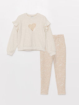 Bisiklet Yaka Bask?l? Uzun Kollu K?z ?ocuk Sweatshirt ve Tayt