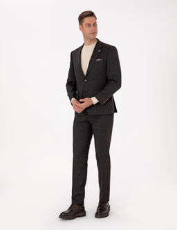 Kahverengi Slim Fit Y_n Kar___ml_ Ekose Tak_m Elbise