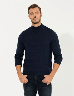 Lacivert Melanj Slim Fit Yar_m Bal_k__ Yaka Triko Kazak