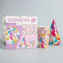 Набор бумажной посуды С днём рождения. Шары, 6 тарелок, 6 стаканов, 6 колпаков, 1 гирлянда - Страна карнавалия фото 3