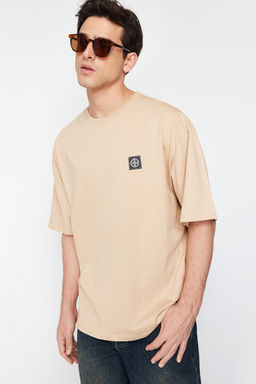 Bej Oversize Pusula Etiketli %100 Pamuklu T-Shirt TMNSS24TS00111