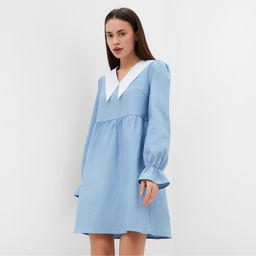 Платье мини женское джинсовое с воротником MIST, размер 46, светло-голубое