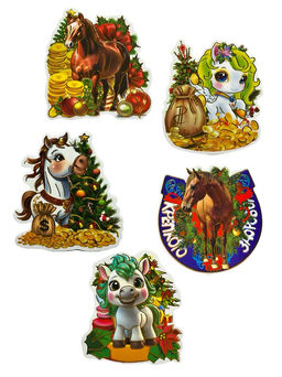 Цена за 5 шт. Магнит - символ года фольгированный 7,5см "Лошадь с пожеланиями" (RKJ-4345) в ассорт.