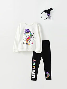 Bisiklet Yaka Bask?l? Uzun Kollu K?z ?ocuk Sweatshirt Tayt ve Ta?