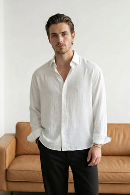 Krem Keten Dokulu Uzun Kollu Yar? Oversize Erkek Gomlek TMNSS26GO00036 - Trendyolmilla фото 5