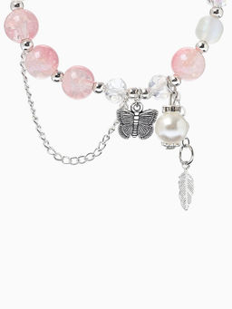 Браслет с подвесками "Сахарный" бабочка, перо. шар № 10/8, цвет пыльная роза в серебре