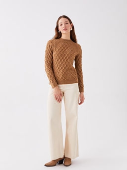 Bisiklet Yaka Kendinden Desenli Uzun Kollu Kad?n Triko Kazak