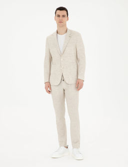 Bej Slim Fit Keten Kar___ml_ _izgili Tak_m Elbise
