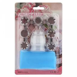 Кондитерский набор 9 предметов Букет: мешок для крема п/эт 32см, насадка из нержавеющей стали - 7 штук, широкие, открытые, д3см, h4,3см; фиксатор винтовой для насадок пластик, на блистере 18х11,8х4,5см (Китай)