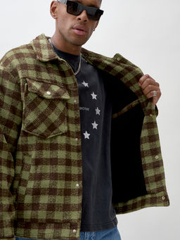 Куртка рубашка шерстяная в клетку мужская демисезонная зеленого цвета 58566Z