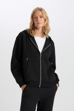 Siyah Okula Donus Relax Fit Kapusonlu Kal?n Basic Duz Cepli Fermuarl? Sweatshirt