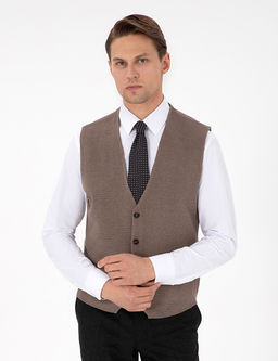 Vizon Melanj Slim Fit V Yaka Triko Yelek