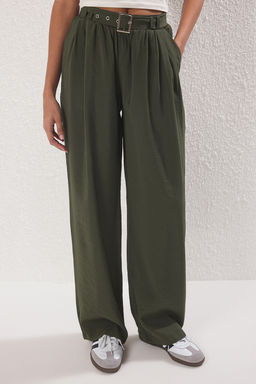 Haki Yumusak Tuseli Kemerli Wide Leg/Genis Paca Pantolon TWOSS25PL00112