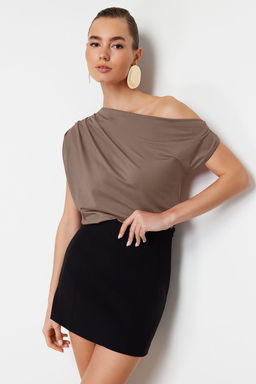Vizon Regular/Normal Kal?p Asimetrik Yaka S?f?r Kol C?tc?tl? Esnek Orme Bluz TWOSS24BZ00396