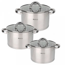 Набор кастрюль из нержавеющей стали "Kelli" 3 предмета: 1,8л, 2,5л, 3,5л, стеклянная жаропрочная крышка, пароотвод, клепаные ручки из нержавеющей стали, 5-ти слойное капсульное дно, цветная коробка (Китай) Подходит для всех видов плит, включая индукц