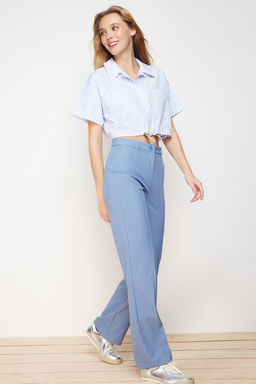 Indigo Straight/Duz Kesim Yuksek Bel Nervur Dikisli Dokuma Pantolon TWOSS21PL0093