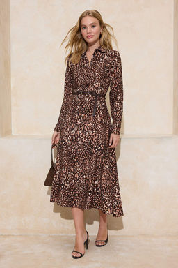 Kahverengi Animal Desen Kemerli Midi Dokuma Gomlek Elbise TWOSS26EL00065