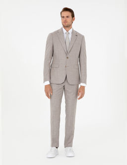 Bej Slim Fit _izgili Y_n Ka_mir Kar___ml_ Tak_m Elbise