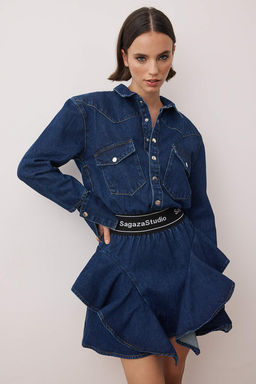 Trendyolmilla Mavi A-Kesim Gomlek Yaka Denim K?sa Elbise TPRAW22EL1989  фото 9