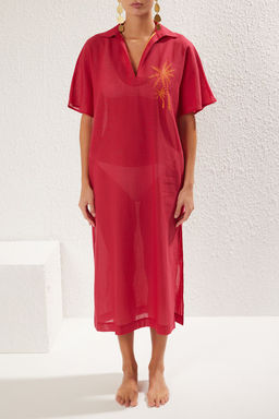 Trendyolmilla Fusya Maxi Dokuma %100 Pamuk Nak?sl? Plaj Elbisesi TBESS25EL00026  фото 4