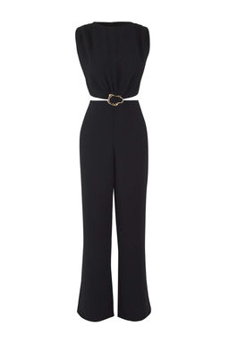Siyah Cut Out/Pencere ve Toka Detayl? Genis Paca Dokuma Krep Tulum TWOSS25TU00065
